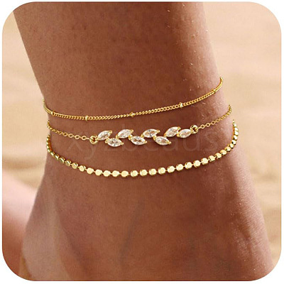 Brass Crystal Rhinestone Leaf Link 3 Layer Anklets for Women FS-WG032DF-08-1