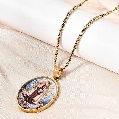 Unisex Religion 304 Stainless Steel Enamel Oval Pendant Box Chain Necklaces STAS-H258-02G-02-1