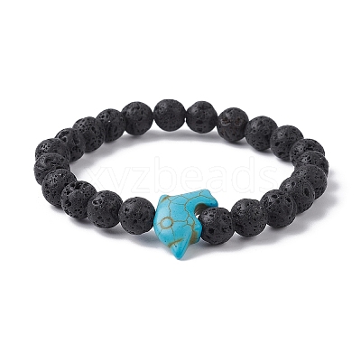 Natural Lava Rock & Synthetic Turquoise Dolphin Beaded Stretch Bracelets BJEW-JB09826-01-1