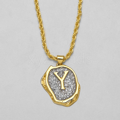 Brass Crystal Rhinestone Oval with Letter Pendant Necklaces FS-WG7CB6D-23-1
