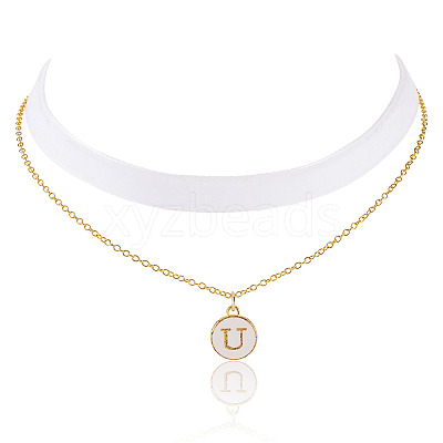 Alloy Enamel Letter Pendant Single Face White Velvet Ribbon & Brass Chain Double Layered Choker Necklaces NJEW-TAC0036-1