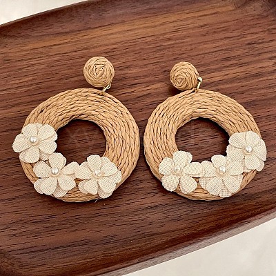 Bohemian Style Raffia & Cloth Dangle Stud Earrings FS-WG07AB6-01-1