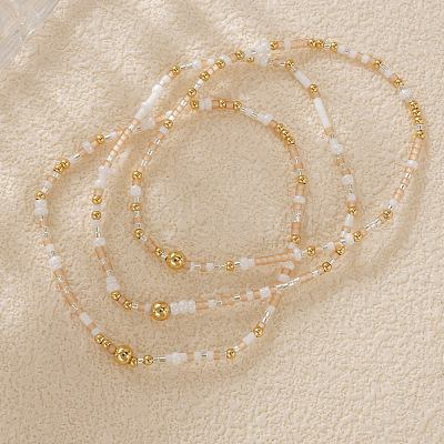 Boho Round Brass and Glass Seed Beaded Stretch Stackable Bracelet Sets BP2363-8-1