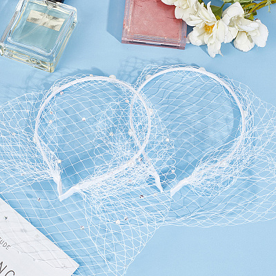2Pcs 2 Styles Bridal Rhinestones Pearl Mesh Veil Cloth Hair Bands MRMJ-FG0001-16A-1