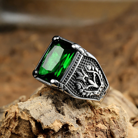 316L Stainless Steel & Cubic Zirconia Men's Vintage Carved Finger Rings FS-WG82D33-17-1