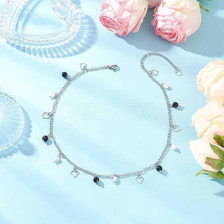 Natural Black Agate(Dyed & Heated) & Natural Pearl & 304 Stainless Steel Heart Tassel Curb Chain Necklaces NJEW-JN05342-1