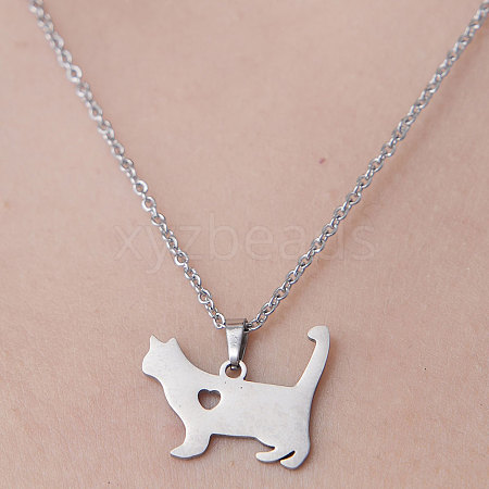 Non-Tarnish 201 Stainless Steel Cat with Heart Pendant Necklace NJEW-OY001-41-1