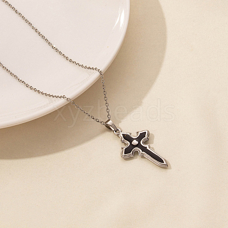 Stainless Steel Black Enamel Cross Pendant Cable Chain Necklaces PW-WG88783-01-1