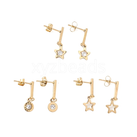 3 Pair 3 Style Crystal Rhinestone Star & Roman Number Dangle Stud Earrings EJEW-B020-02G-1