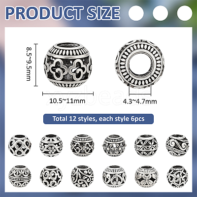 72Pcs 12 Styles Tibetan Style Alloy European Beads FIND-PH0060-22AS-1