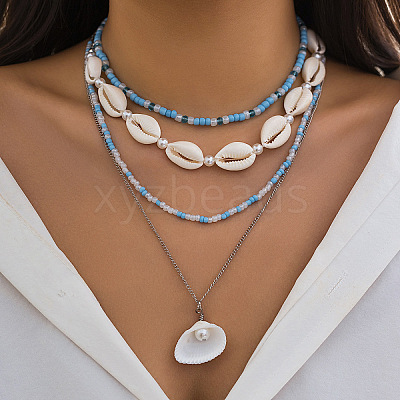 Natural Shell & Plastic Pearl & Glass Seed Beaded Pendant Multi Layered Necklaces for Women FS-WG726DA-11-1