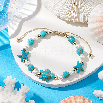 Starfish & Turtle Synthetic Turquoise Braided Bead Bracelets BJEW-JB11047-01-1