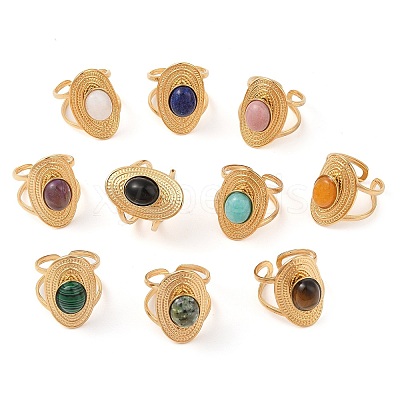 Oval Natural Mixed Stone Finger Rings RJEW-Z057-14G-1