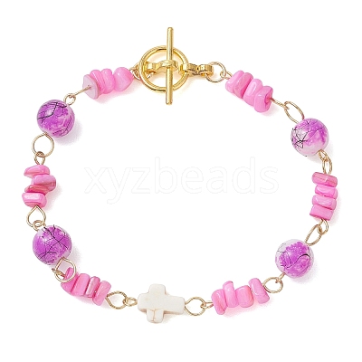 Glass & Natural Freshwater Shell Beaded Link Chain Bracelets BJEW-JB13393-1