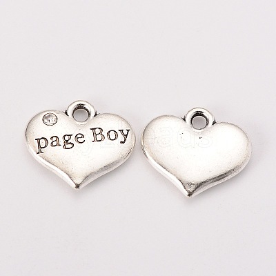 Wedding Theme Antique Silver Tone Tibetan Style Heart with Page Boy Rhinestone Charms X-TIBEP-N005-14B-1
