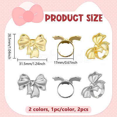 2Pcs 2 Colors Bowknot Alloy Adjustable Finger Rings RJEW-HY0001-25-1