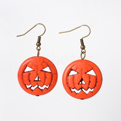 Halloween Pumpkin Jack-O'-Lantern Jack o Lantern Synthetic Turquoise Dangle Earrings X-EJEW-JE01571-02-1