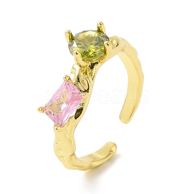 Colorful Cubic Zirconia Round & Rectangle Open Cuff Ring RJEW-F135-02G-1