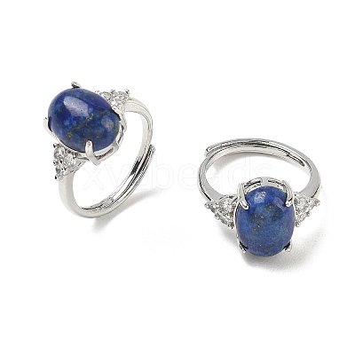 Brass Micro Pave Cubic Zirconia with Natural Lapis Lazuli Cuff Open Rings RJEW-T035-01P-B-1