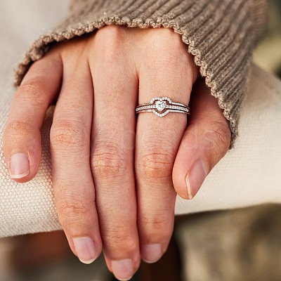 2Pcs Heart 925 Sterling Silver Micro Pave Clear Cubic Zirconia Finger Rings for Women FS-WG4005F-02-1