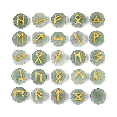 Brass Elder Futhark Alphabet Engraved Symbol Flat Round Natural Green Aventurine Rune Stones G-I373-01I-1