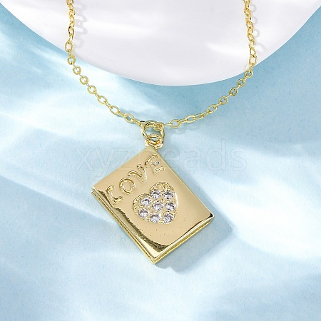 Brass Micro Pave Clear Cubic Zirconia Love Heart Book Pendant Necklaces for Women Men NJEW-S438-04G-1