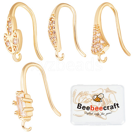 Beebeecraft 24Pcs 4 Style Brass Micro Pave Clear Cubic Zirconia Earring Hooks KK-BBC0012-32-1