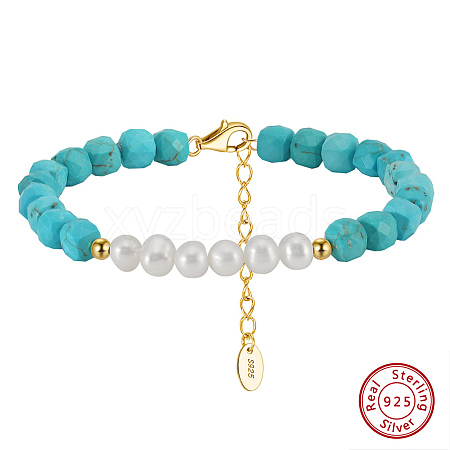 Synthetic Turquoise & Natural Freshwater Pearl & 925 Sterling Silver Beaded Bracelets for Women BJEW-G726-01G-1