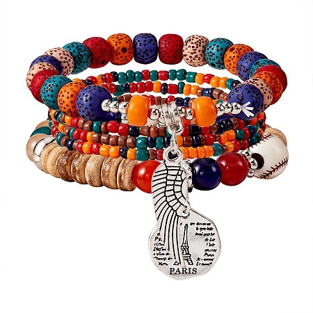 5Pcs 5 Style Wood & Glass Seed & Acrylic Beaded Stretch Bracelets Set with Baseball JB709B-1