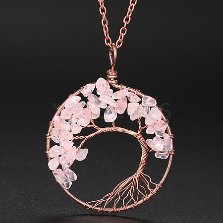 Natural Rose Quartz Chip Tree of Life Pendant Necklaces WG16286-08-1