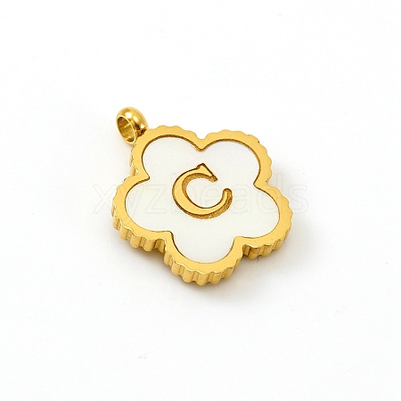 Golden Tone Stainless Steel Pave White Shell Letter Flower Charms PW-WGC5230-03-1