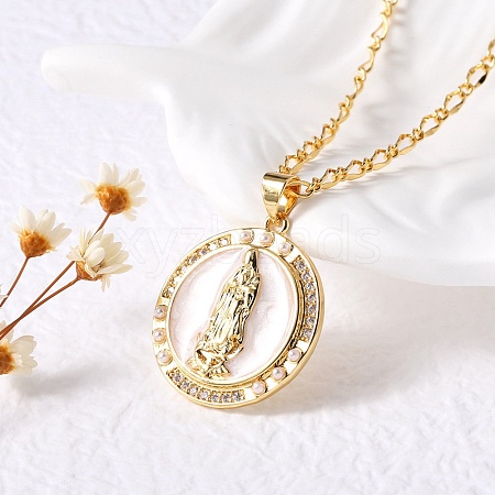 Flat Round with Virgin Mary Brass Micro Pave Cubic Zirconia Pendant Necklaces NJEW-S385-03A-G-1