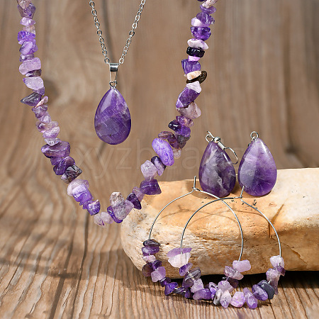 Bohemian Style Natural Amethyst Teardrop Pendant Necklaces & Chip Beaded Necklaces & Hoop Earrings & Dangle Earrings Sets WG11994-01-1