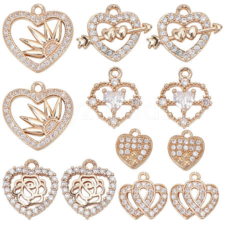 SUNNYCLUE 12Pcs 6 Style Valentine's Day Brass Micro Pave Cubic Zirconia Pendants KK-SC0003-16-1