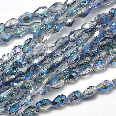 Faceted Teardrop Half Rainbow Plated Transparent Electroplate Glass Beads Strands EGLA-J132-HR20-1