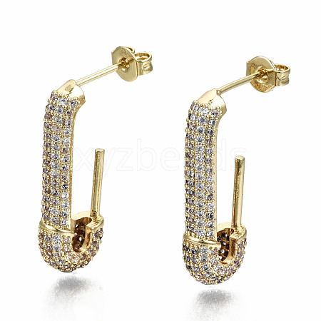 Brass Micro Pave Clear Cubic Zirconia Half Hoop Earrings EJEW-T046-19G-NF-1