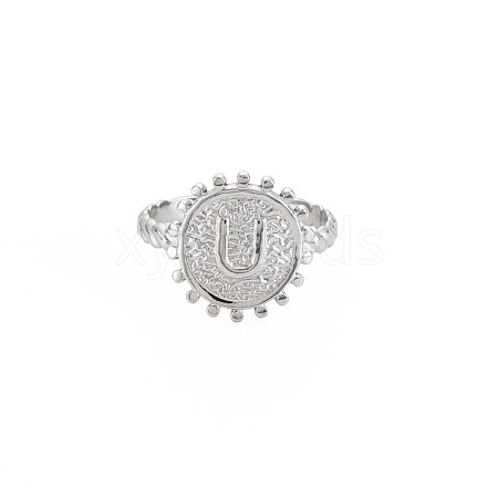 Non-Tarnish 304 Stainless Steel Flat Round with Initial Letter Open Cuff Ring for Men Women RJEW-S405-246P-U-1
