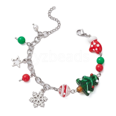 Christmas Theme Handmade Lampwoke and Alloy Snowflake Charms Bracelets BJEW-TA00561-1