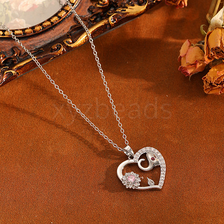 Brass Pave Clear and Pink Cubic Zirconia Heart with Elephant Pendant 304 Stainless Steel Cable Chain Necklaces for Women WGA7C59-02-1